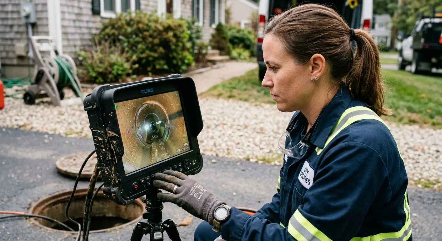 Technician reviewing sewer camera inspection footage in Waterford