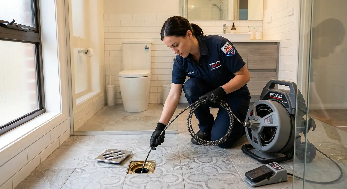 Technician clearing a bathroom floor drain for Clogged Drain Repair in Waterford